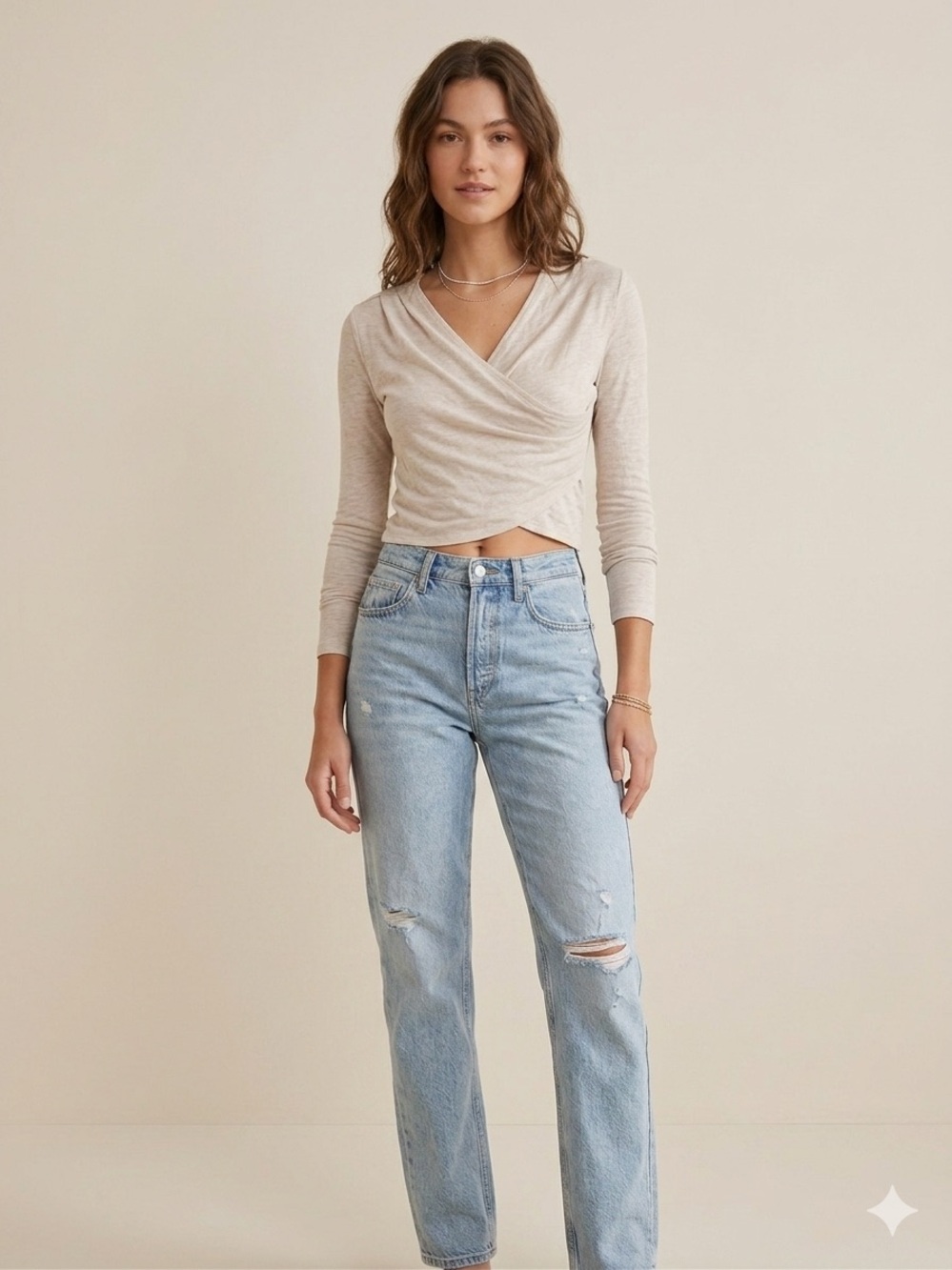 Talula Light Cream Draped Wrap Crop Long-Sleeve Top